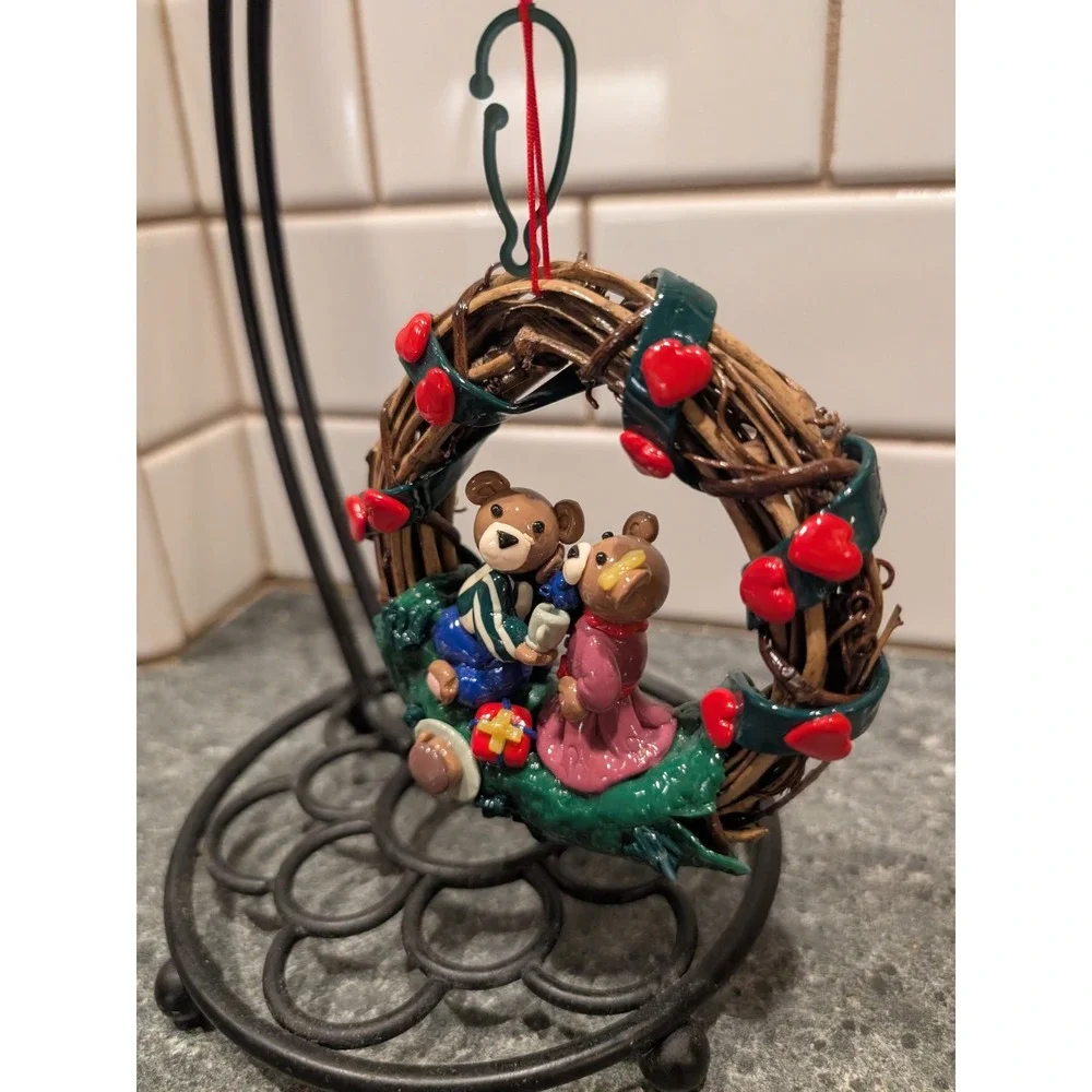 Adorable Vintage Teddy Bear Couple Wreath Ornament Valentine Holiday‎ Decor
